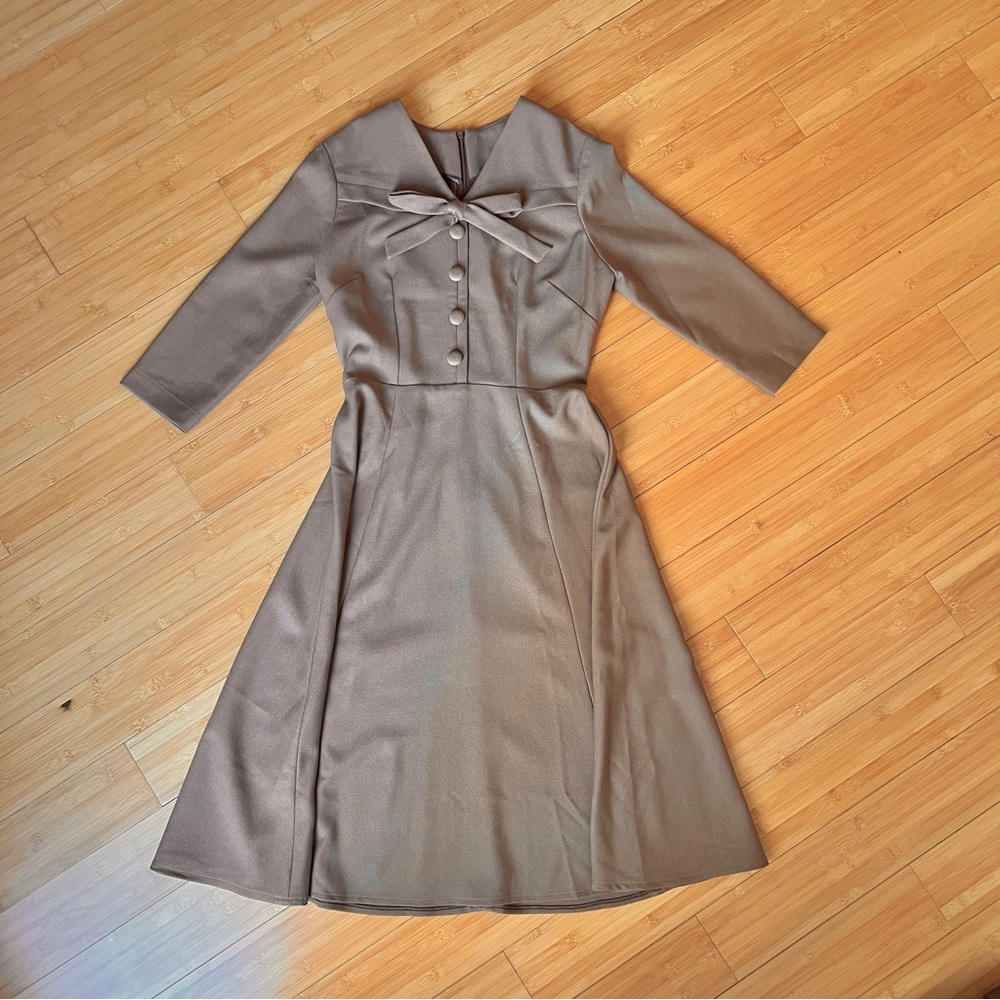 HeartMyCloset Vintage 50s Inspired Pinup Hourglass Brown Twill A-Line Dress